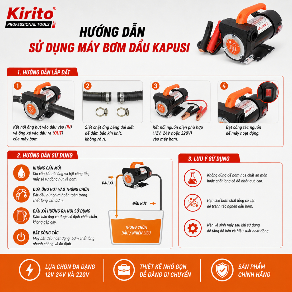 Máy Bơm Dầu Diesel Kapusi - 12V/24V/220V, Bơm Xăng, Dầu Nhớt, Chất Lỏng Nhanh Chóng