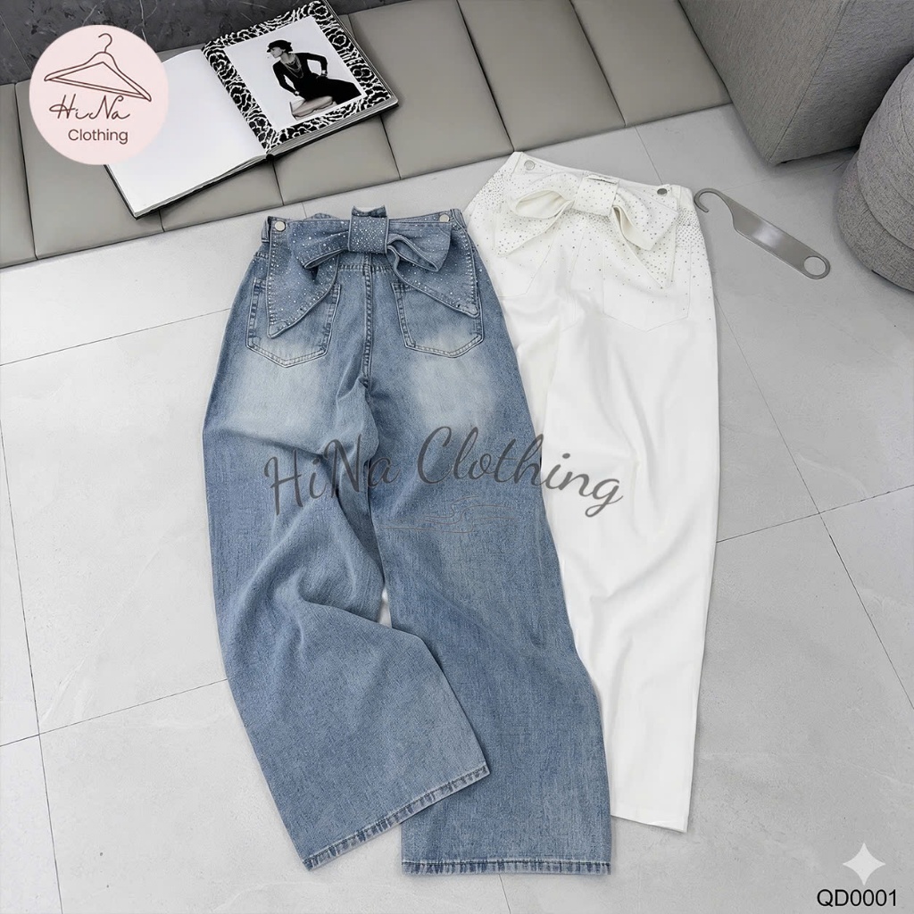 Quần dài jean denim bò dáng suông đính đá sườn kèm nơ có thể tháo rời HiNa QCCC QCL1 QD0001#90591