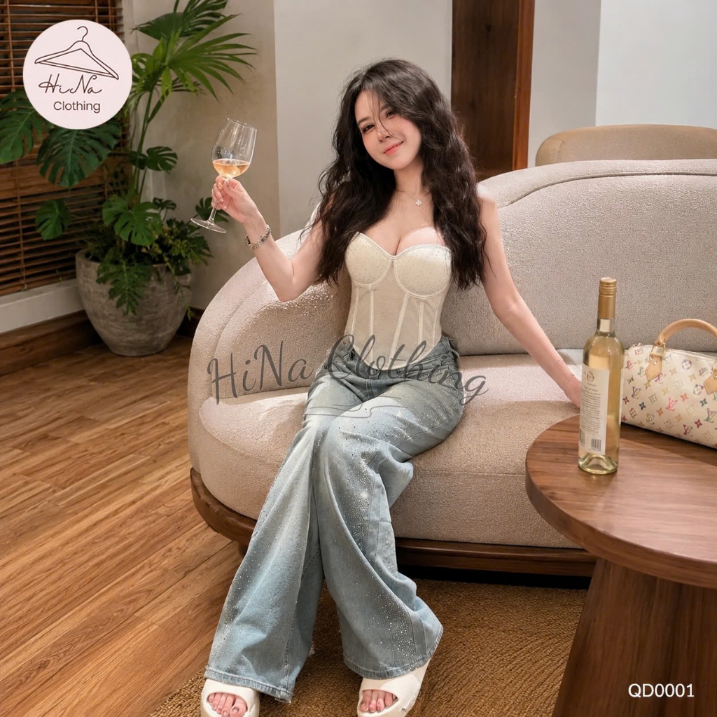 Quần dài jean denim bò dáng suông đính đá sườn kèm nơ có thể tháo rời HiNa QCCC QCL1 QD0001#90591