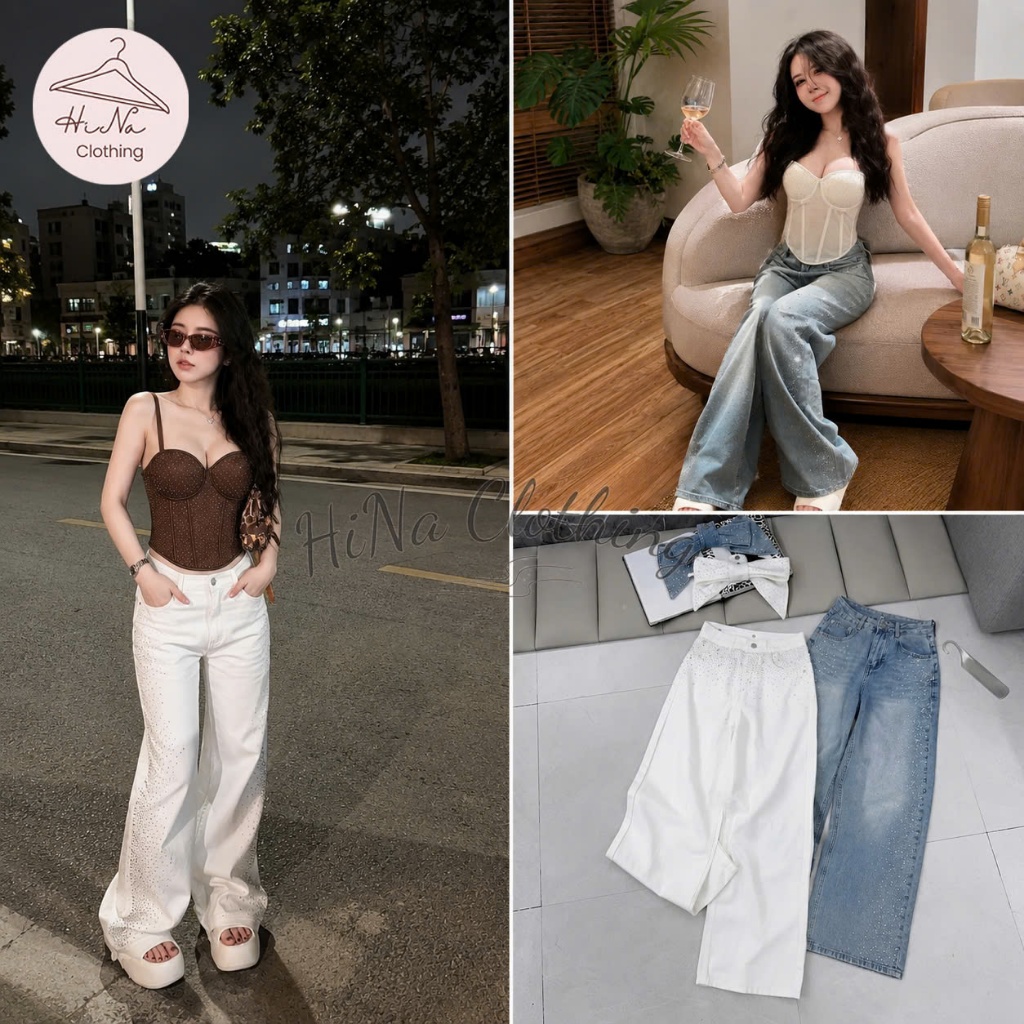 Quần dài jean denim bò dáng suông đính đá sườn kèm nơ có thể tháo rời HiNa QCCC QCL1 QD0001#90591
