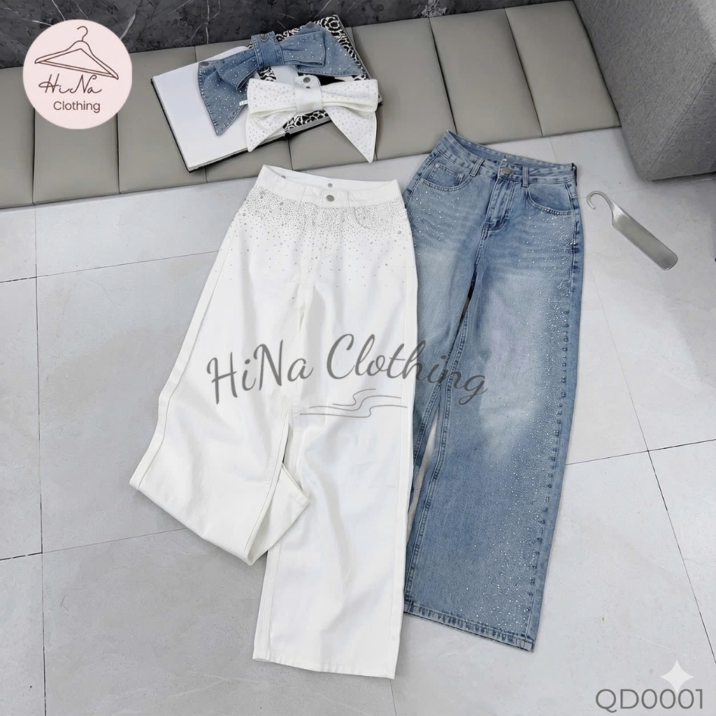 Quần dài jean denim bò dáng suông đính đá sườn kèm nơ có thể tháo rời HiNa QCCC QCL1 QD0001#90591