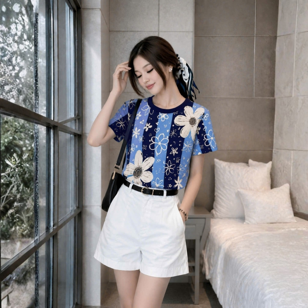 Áo Thun Phối Hoa Trên Nền Sọc Hai Xanh Cuốn Hút, Chất Cotton Mềm Mịn, Có Kèm Hình Thật.
