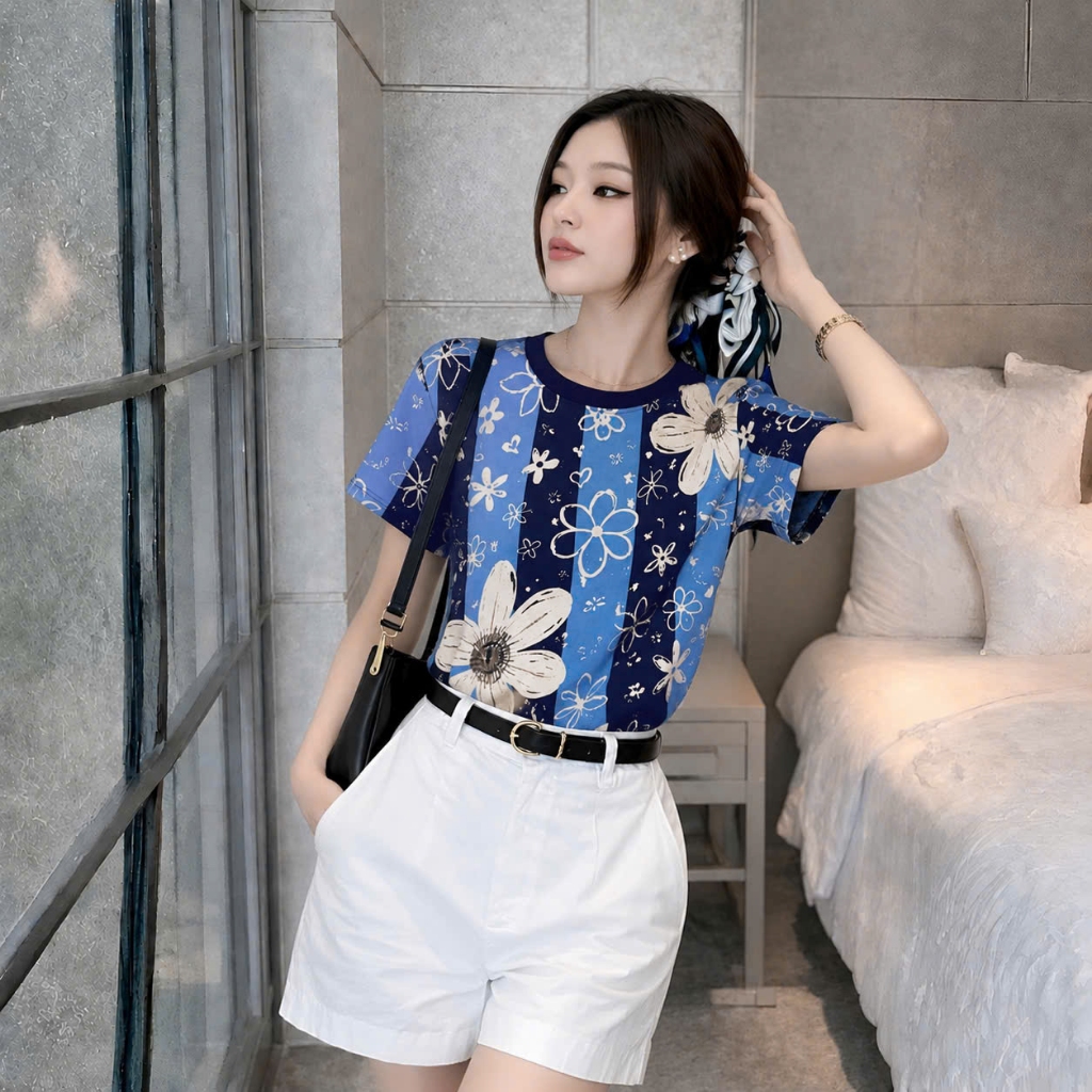 Áo Thun Phối Hoa Trên Nền Sọc Hai Xanh Cuốn Hút, Chất Cotton Mềm Mịn, Có Kèm Hình Thật.