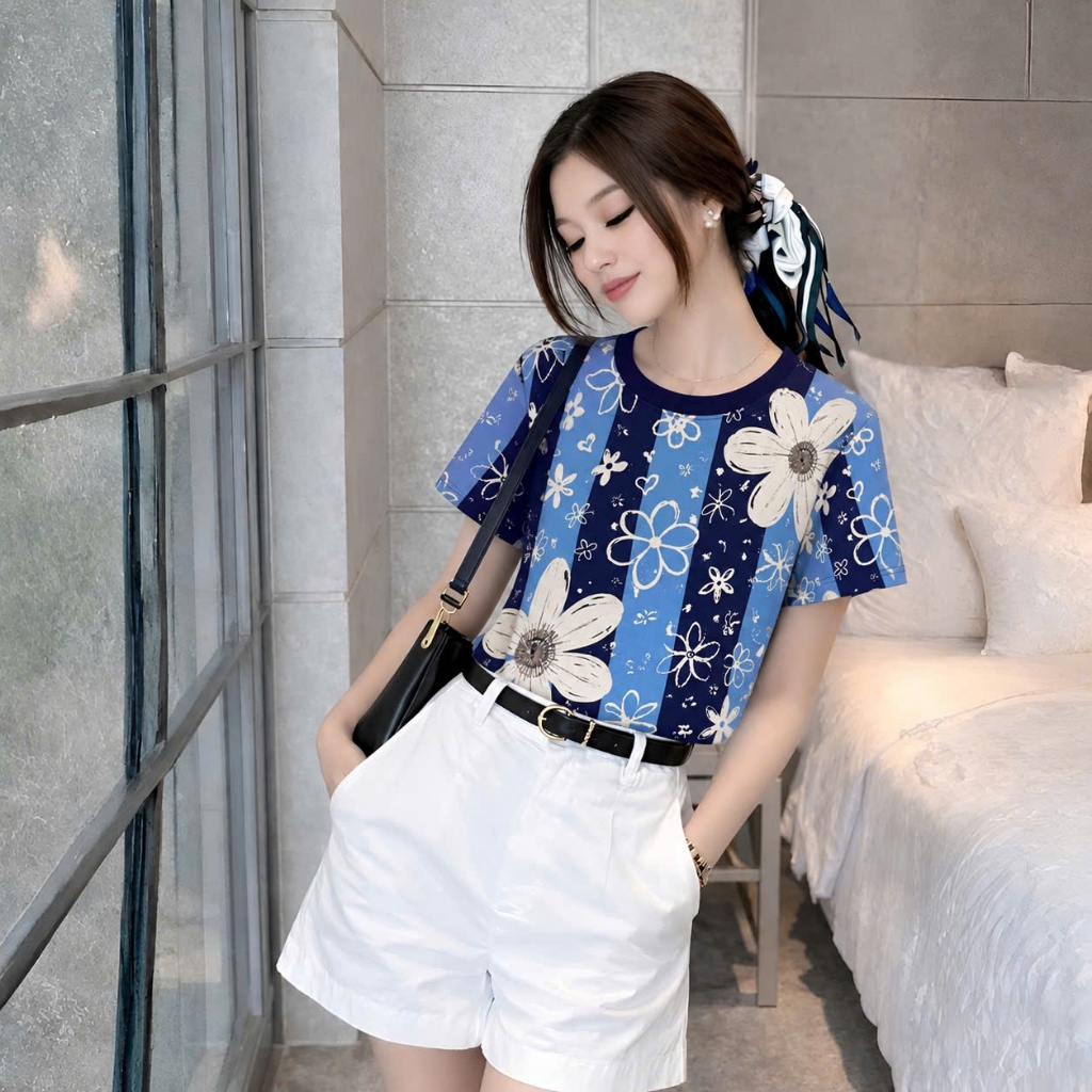 Áo Thun Phối Hoa Trên Nền Sọc Hai Xanh Cuốn Hút, Chất Cotton Mềm Mịn, Có Kèm Hình Thật.