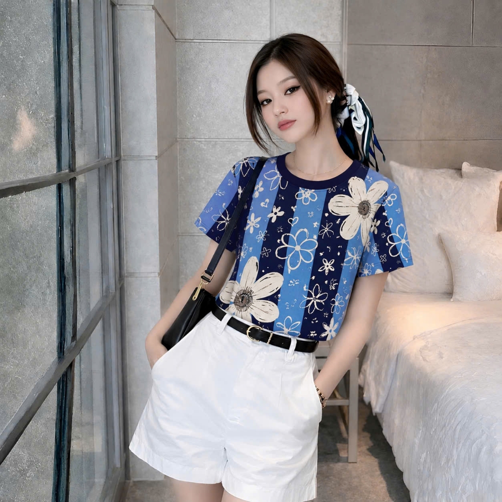 Áo Thun Phối Hoa Trên Nền Sọc Hai Xanh Cuốn Hút, Chất Cotton Mềm Mịn, Có Kèm Hình Thật.