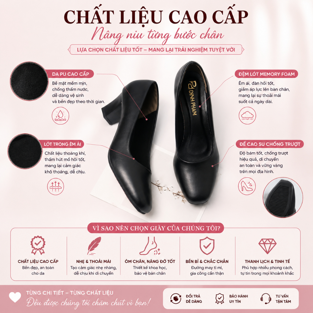 Giày mũi vuông cao 3cm gót trơn đế vuông - Giày cao gót công sở mũi vuông màu đen 3cm