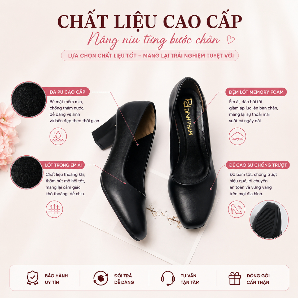 [HÀNG MỚI] Giày gót trụ 5 phân mũi vuông màu đen cho nàng sành điệu