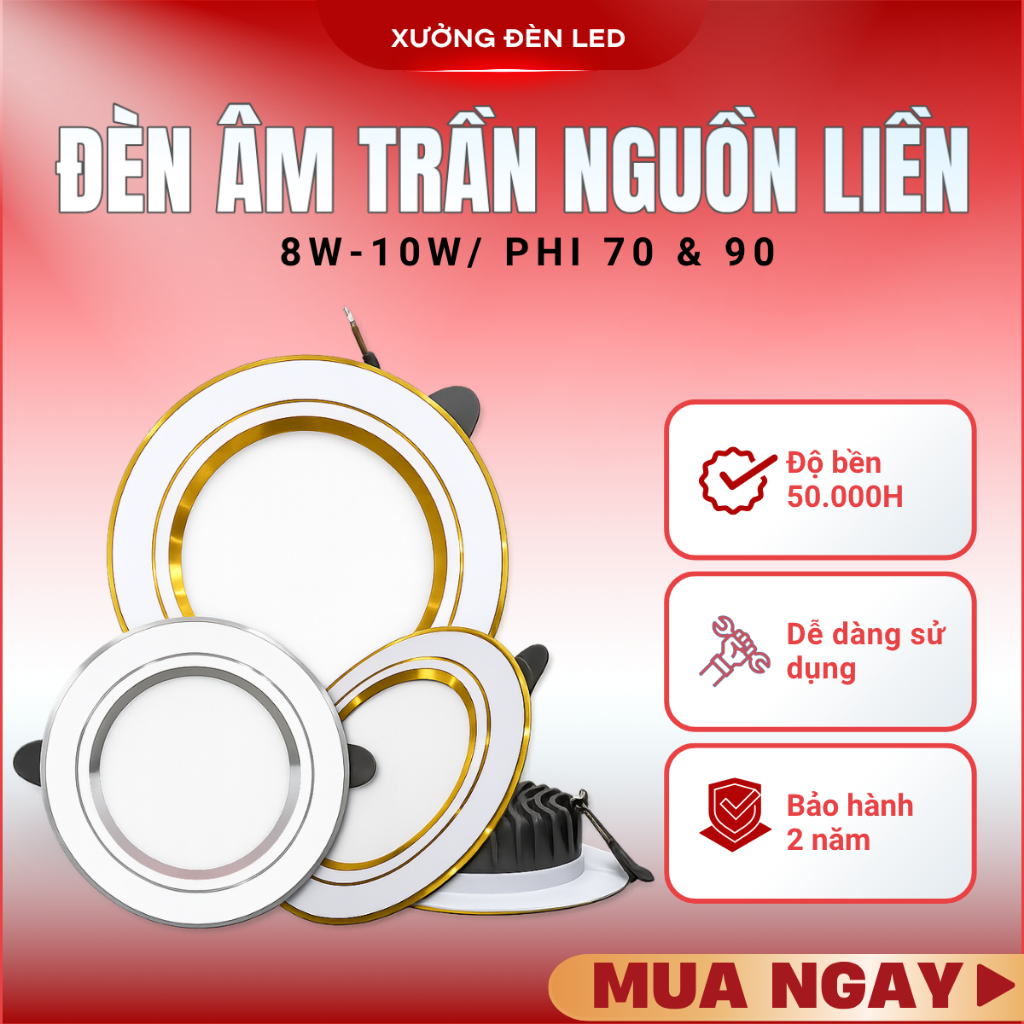 ( Nguồn Liền) Đèn LED Âm Trần 3 Màu Đế Đúc liền nguồn 8W/ 10W Phi  90 | Đèn Âm Trần Tiết Kiệm Điện