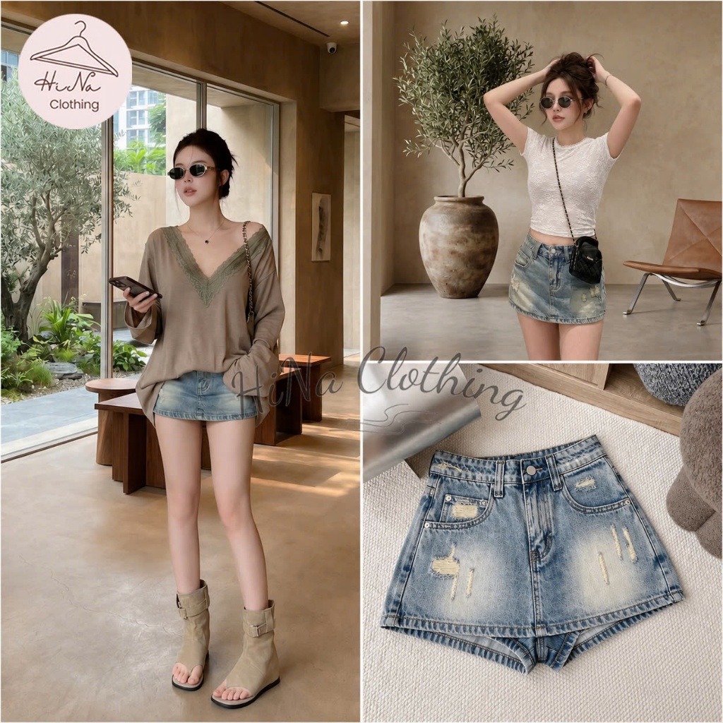 Quần váy ngắn jean denim bò chữ A basic rách cào HiNa QCCC QCL1 QV0002 #68099