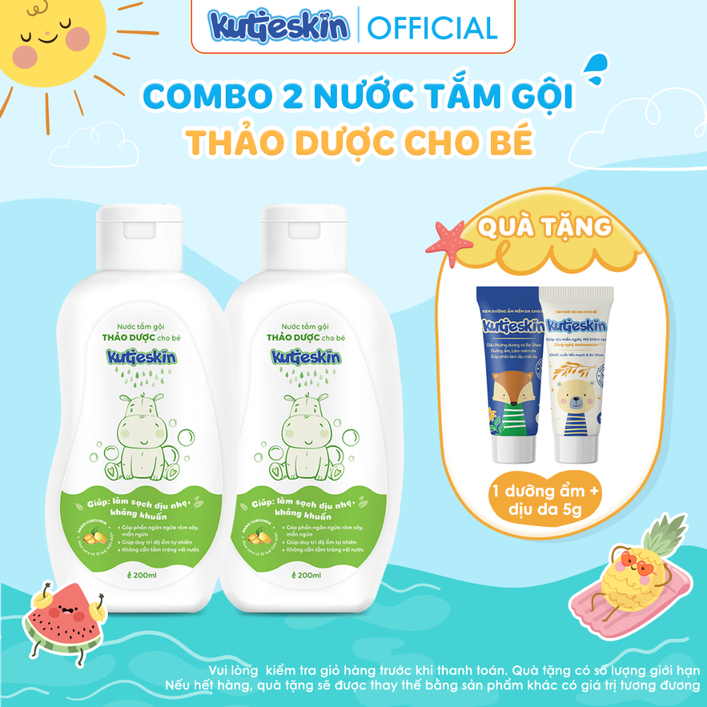 Combo 2 Nước tắm gội thảo dược cho bé Kutieskin 200ml - 2 KNT20