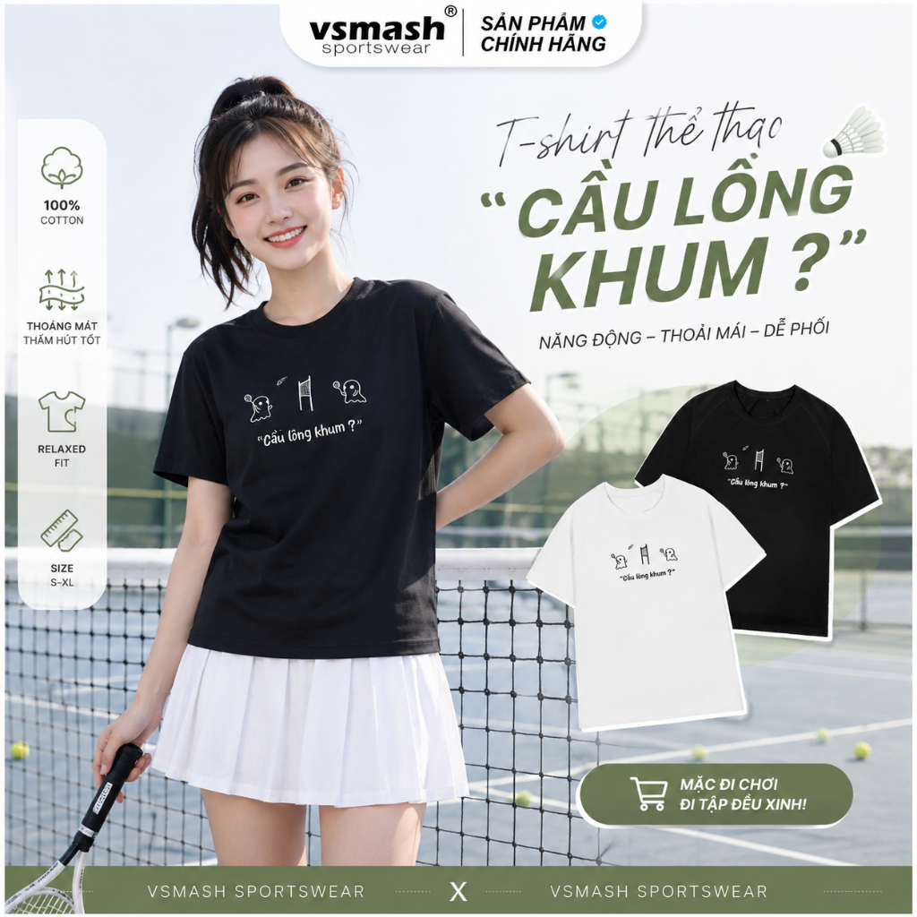 Áo Thun Cầu Lông Nam Nữ Vsmash Sportwear – Thêu "CẦU LÔNG KHUM" – Vải Bông Em Bé Mềm Mịn, Thoáng Mát, Thấm hút tốt