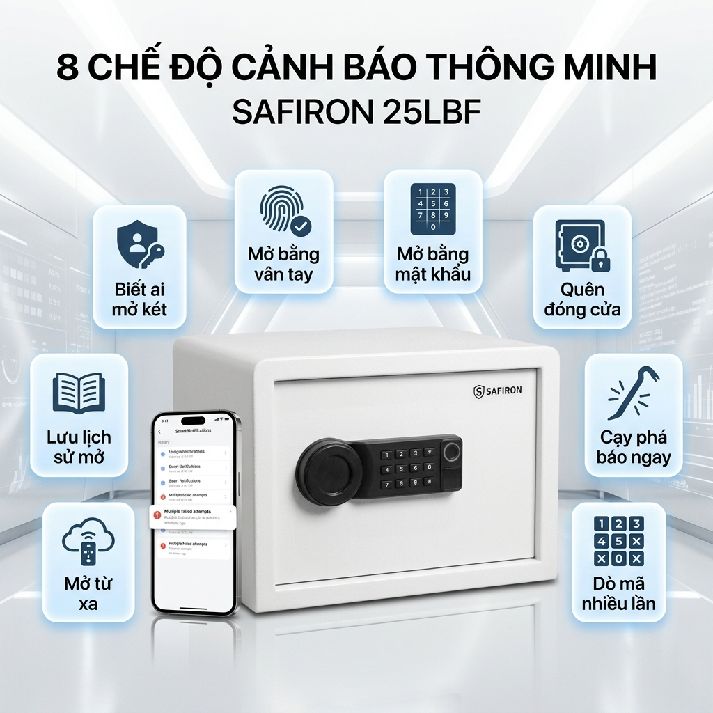 [BH 6 NĂM] Két Sắt Mini Thông Minh Safiron 25LBF, 25LN Vân Tay Điện Tử Cảnh Báo Trộm Về Điện Thoại
