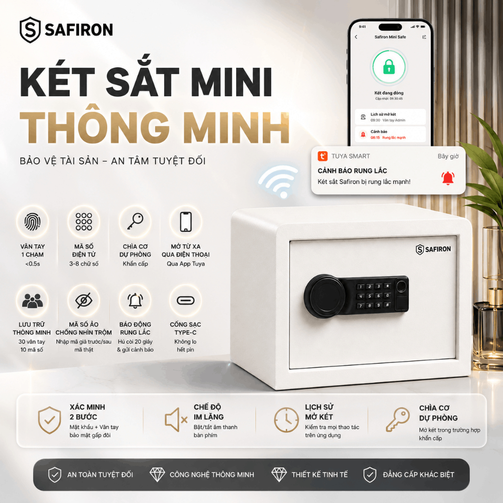 [BH 6 NĂM] Két Sắt Mini Thông Minh Safiron 25LBF, 25LN Vân Tay Điện Tử Cảnh Báo Trộm Về Điện Thoại