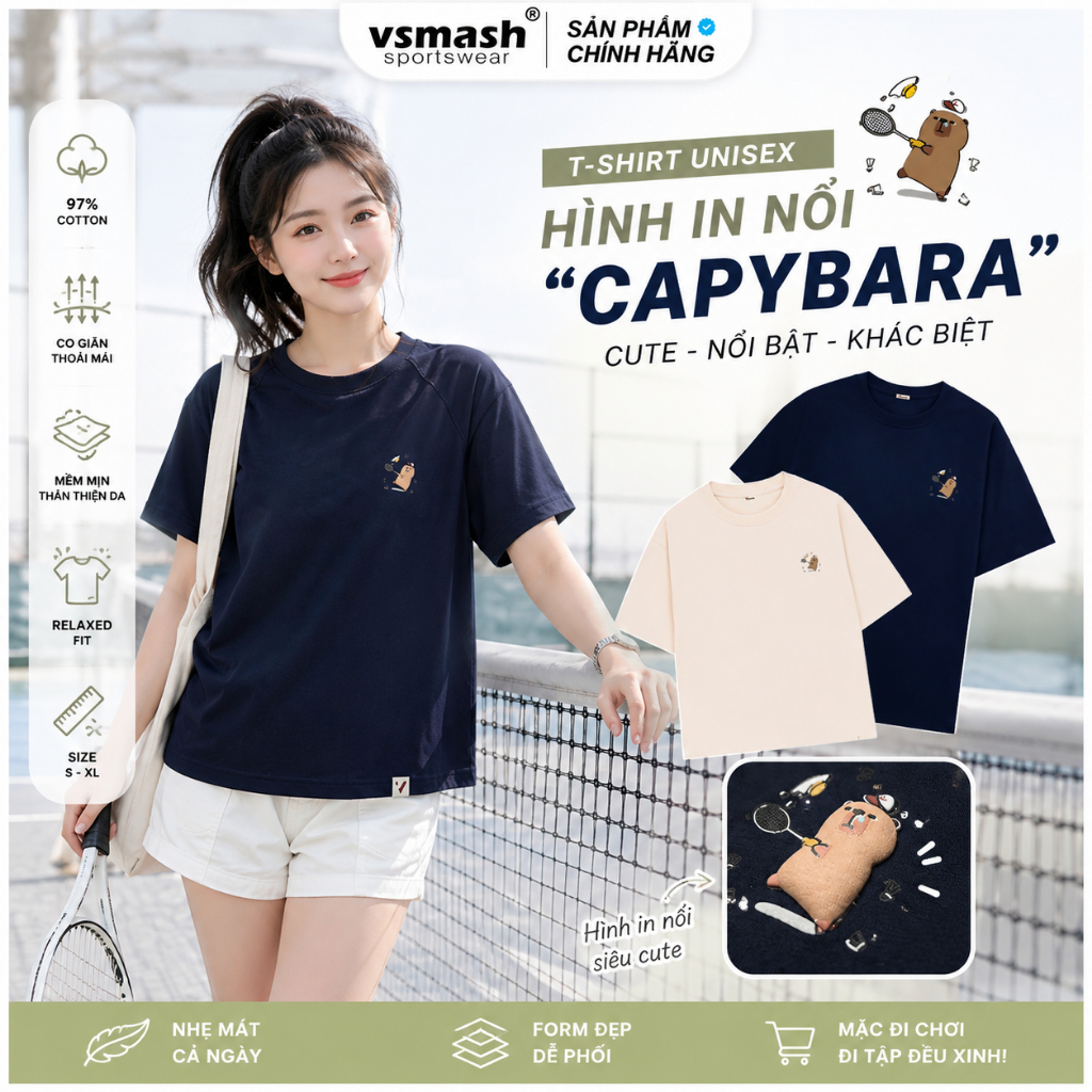 Áo Thun Cầu Lông Unisex Vsmash Sportwear – IN NỔI PHỒNG  "CAPYPARA" – Vải Bông Em Bé Mềm Mịn, Thoáng Mát,Thấm hút