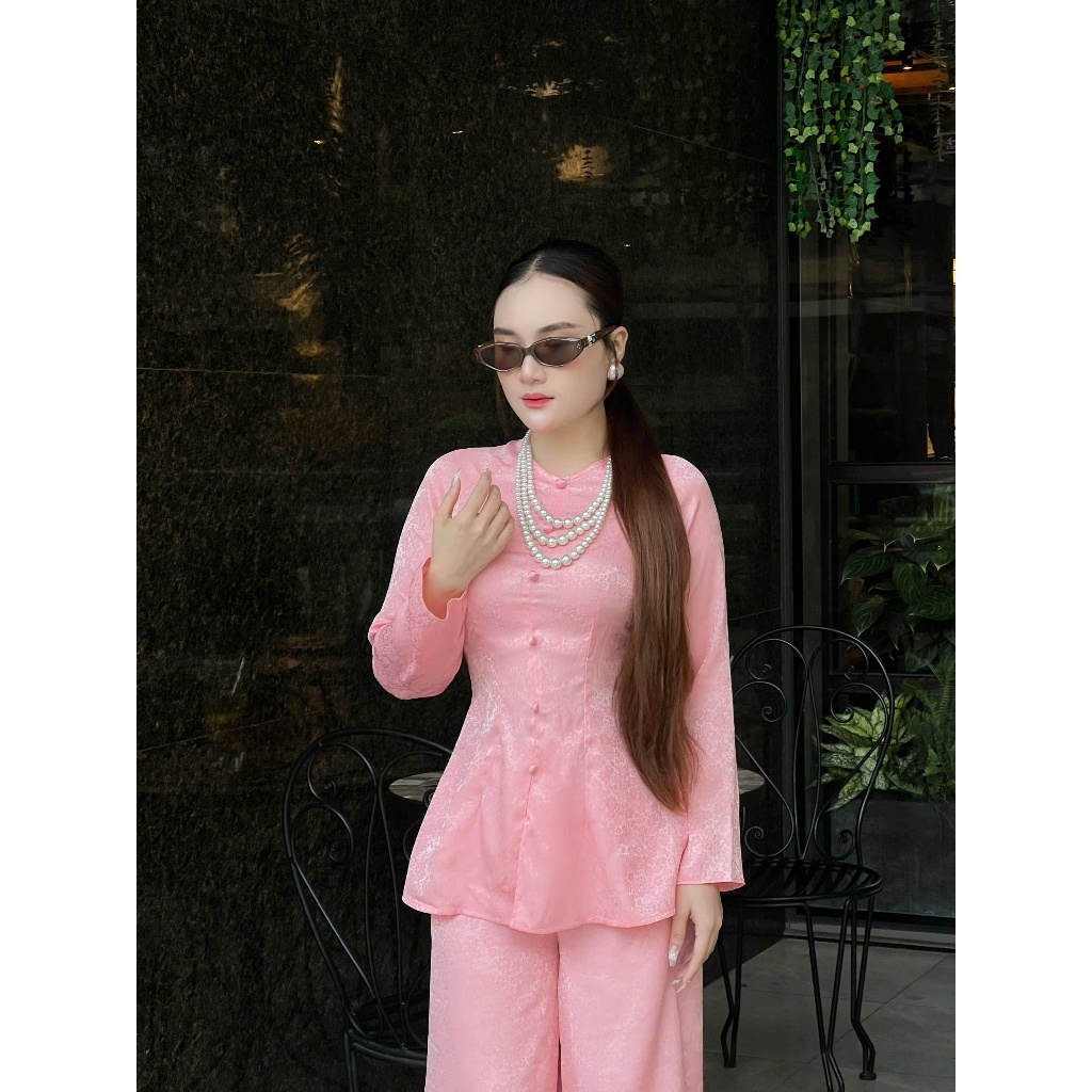 Hân Nguyễn Áo Bà Ba - B.A189 - Áo Gấm Cúc Nhí Ngọc Sương Nút Bọc Nụ Dây Kéo ( Quần Gấm Dây Kéo Cùng Chất )