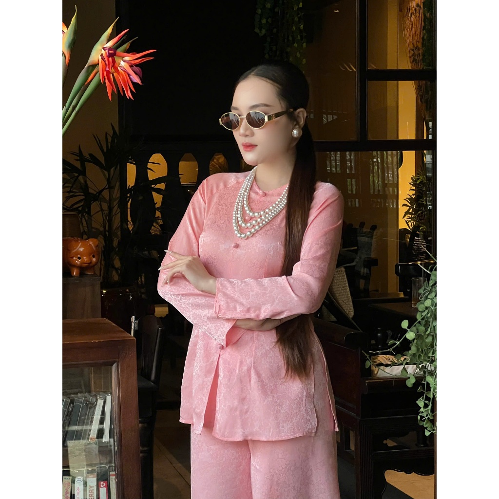 Hân Nguyễn Áo Bà Ba - B.A189 - Áo Gấm Cúc Nhí Ngọc Sương Nút Bọc Nụ Dây Kéo ( Quần Gấm Dây Kéo Cùng Chất )