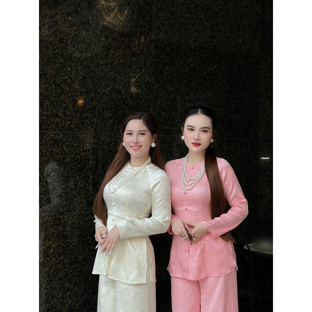 Hân Nguyễn Áo Bà Ba - B.A189 - Áo Gấm Cúc Nhí Ngọc Sương Nút Bọc Nụ Dây Kéo ( Quần Gấm Dây Kéo Cùng Chất )