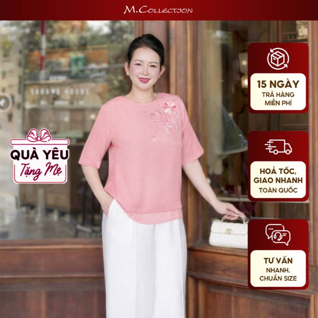 M COLLECTION | Áo Kiểu Nữ Trung Niên Tặng Mẹ Cổ Tròn Tay Ngắn Thêu Hoa Chất Vải Lụa Xược A13168