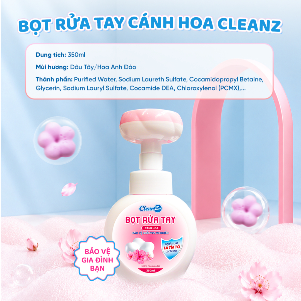 Nước rửa tay dạng bọt CleanZ hình cánh hoa làm sạch, diệt khuẩn, an toàn cho da tay 350ml