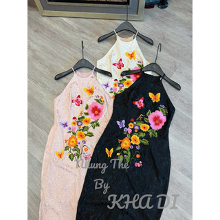 Váy lụa vân hoa cổ yếm thêu hoa bướm mùa hạ