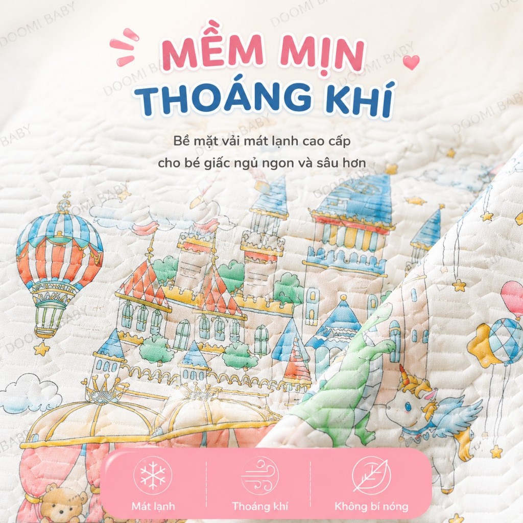 (TẶNG KÈM GỐI) Chiếu Điều Hoà Cao Su Non Tặng Kèm Gối Cho Bé In Hình 5D Doomi Baby - HT516