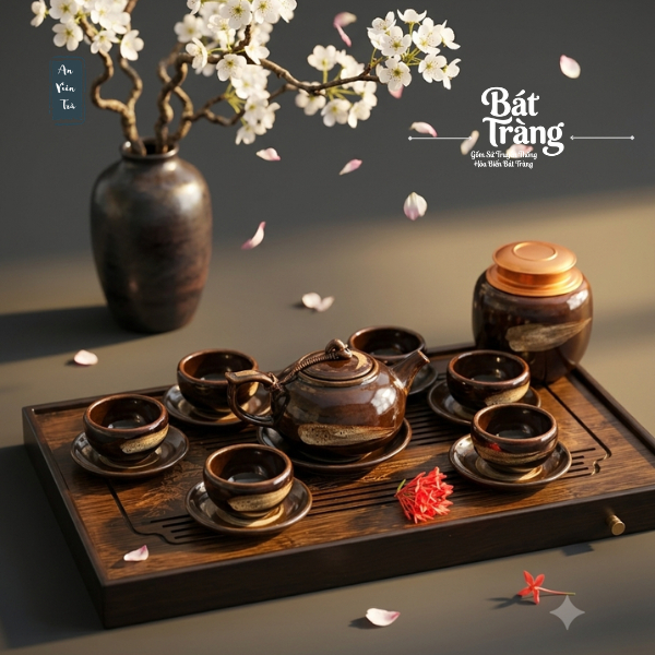 Bộ ấm chén men Huyền Thổ Lưu Kim Bát Tràng cao cấp - Dáng ấm Quả Hồng - Men hỏa biến - Đủ phụ kiện