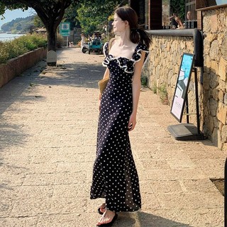 Nova-Đầm Maxi Cánh Viền Bèo Ren Chấm Bi Đầm Nữ Đen Trắng Dáng Dài Sang Chảnh Đi Chơi Biển Tôn Dáng