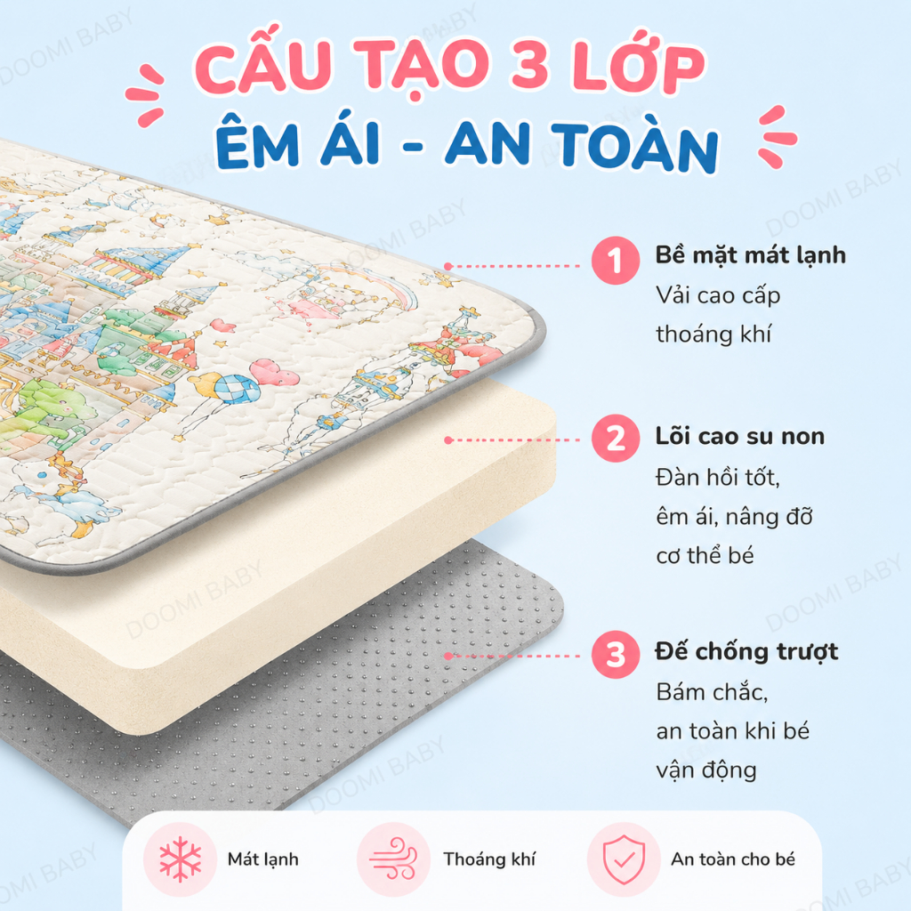 (TẶNG KÈM GỐI) Chiếu Điều Hoà Cao Su Non Tặng Kèm Gối Cho Bé In Hình 5D Doomi Baby - HT516