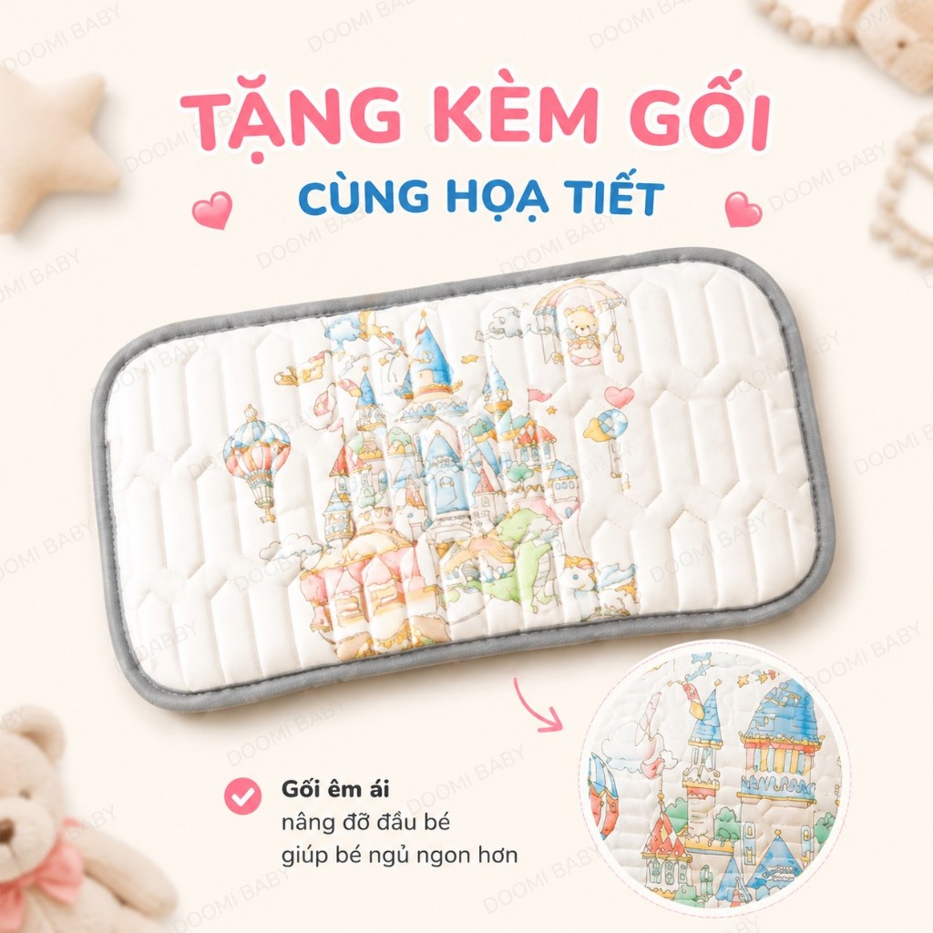 (TẶNG KÈM GỐI) Chiếu Điều Hoà Cao Su Non Tặng Kèm Gối Cho Bé In Hình 5D Doomi Baby - HT516