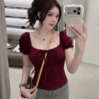 Áo thun nhẹ cổ Vuông Nữ tính Thiết kế Phối Nơ Trước Ngực Xinh Xắn
