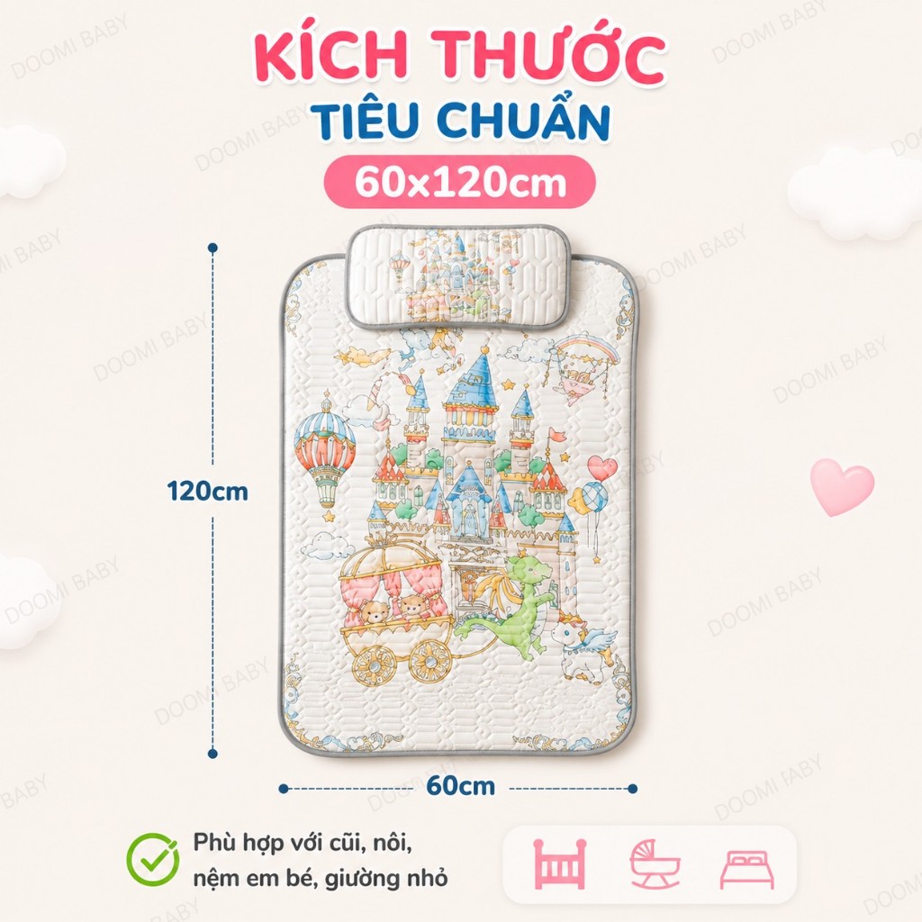 (TẶNG KÈM GỐI) Chiếu Điều Hoà Cao Su Non Tặng Kèm Gối Cho Bé In Hình 5D Doomi Baby - HT516