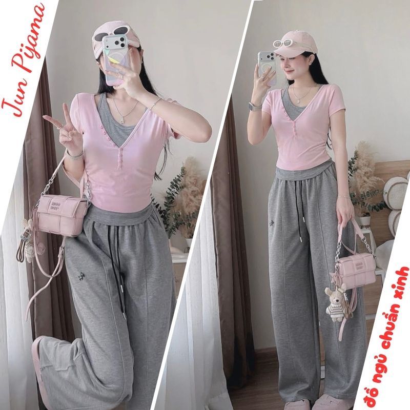 Bộ quần áo nỉ nữ đi cafe dạo phố cá tính áo cộc tay thun gân ôm sát phối cúc ngực quần thể thao hcom27280
