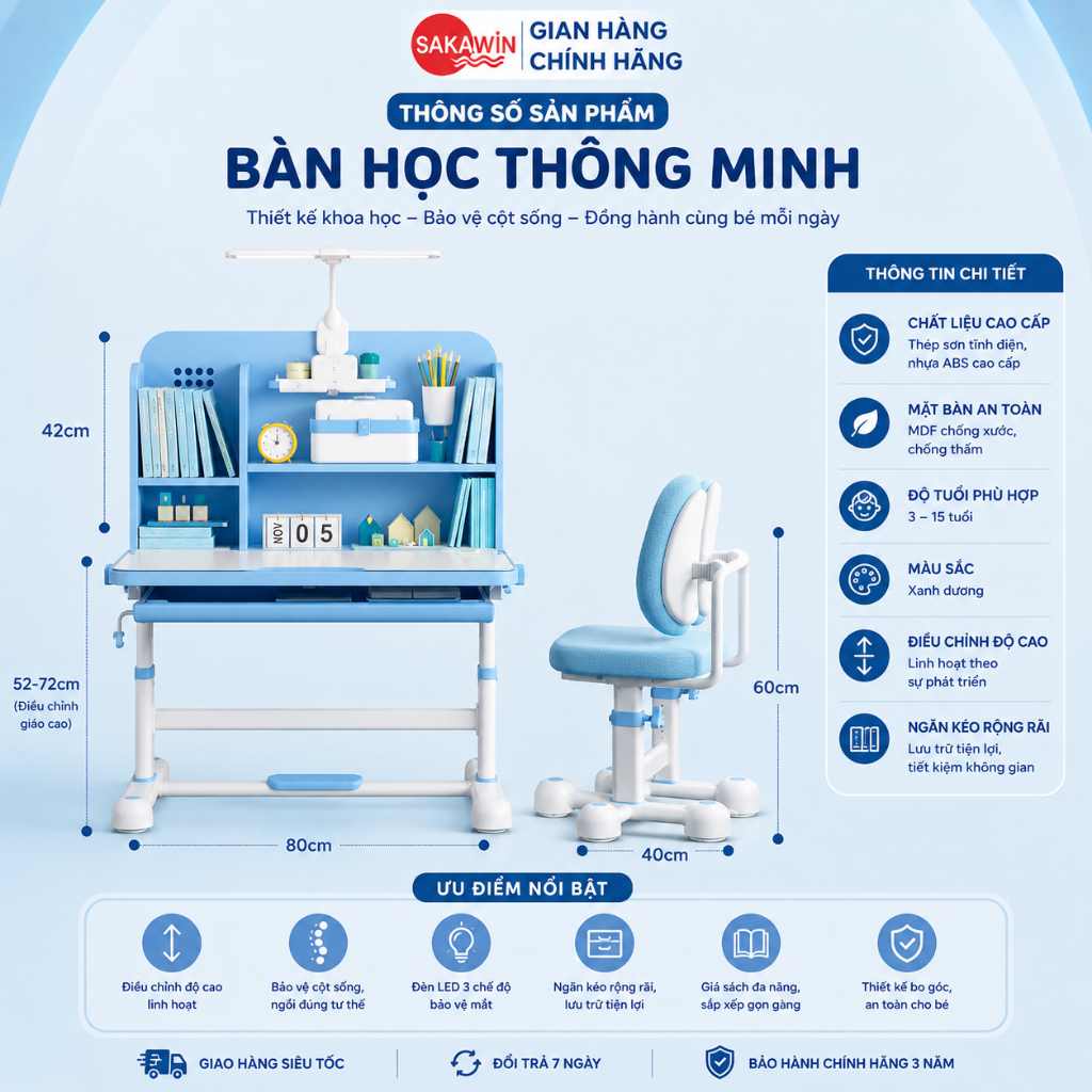 (Bản Cải Tiến) Bộ bàn học chống gù Sakawin A16 Plus, Bàn học cho bé có giá sách, Nâng hạ tay quay.