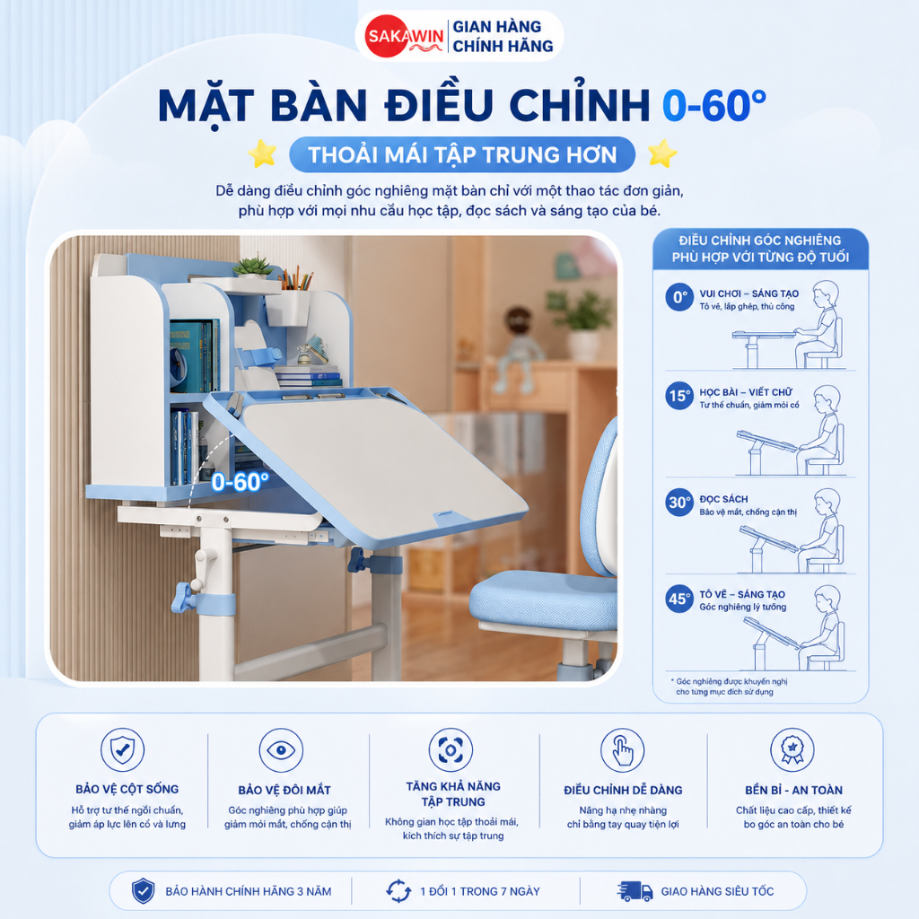 (Bản Cải Tiến) Bộ bàn học chống gù Sakawin A16 Plus, Bàn học cho bé có giá sách, Nâng hạ tay quay.