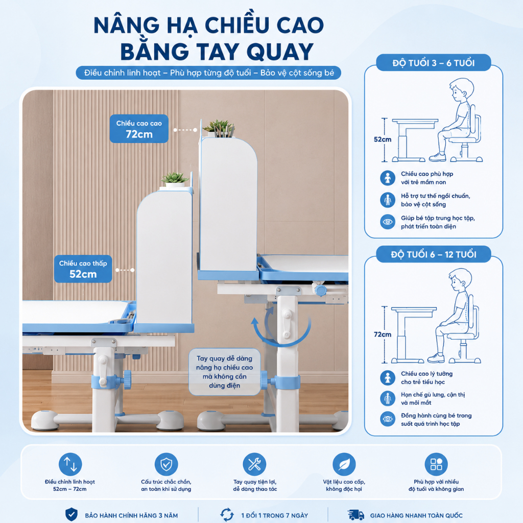 (Bản Cải Tiến) Bộ bàn học chống gù Sakawin A16 Plus, Bàn học cho bé có giá sách, Nâng hạ tay quay.