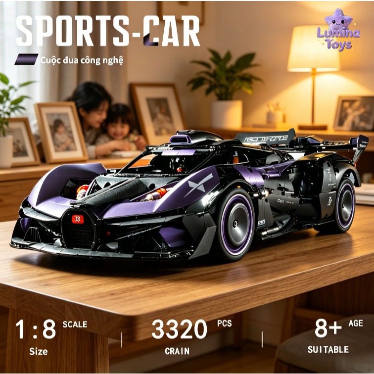 Mô hình chi tiết cao cấp Bugatti Bolide lắp ráp 1:8 | Mã 10643 3332 mảnh điều khiển từ xa nâng hạ chassis phun sương