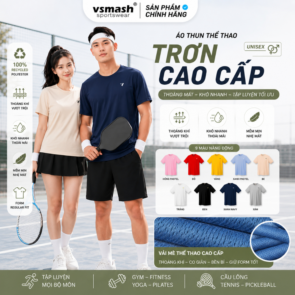 Áo Thun Thể Thao Nam Nữ TRƠN Vsmash Sportwear, Vải Nhanh Khô Thấm Hút Tốt ,Đồ Tập Gym Cầu Lông Đá Banh Pickleball Tennis