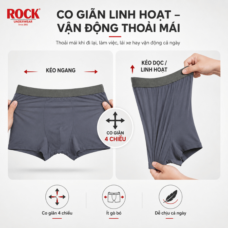 Quần Lót Nam ROCK QA 1032 Trơn Cao Cấp Co Giãn 4 Chiều, Quần Sịp Nam Chất Liệu Mềm Mịn, Thoáng Khí