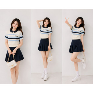 Áo Len Polo Nữ Vileli Phối Sọc Xanh Tay Ngắn Dệt Kim Form Gọn Trẻ Trung Nữ Tính VL2616