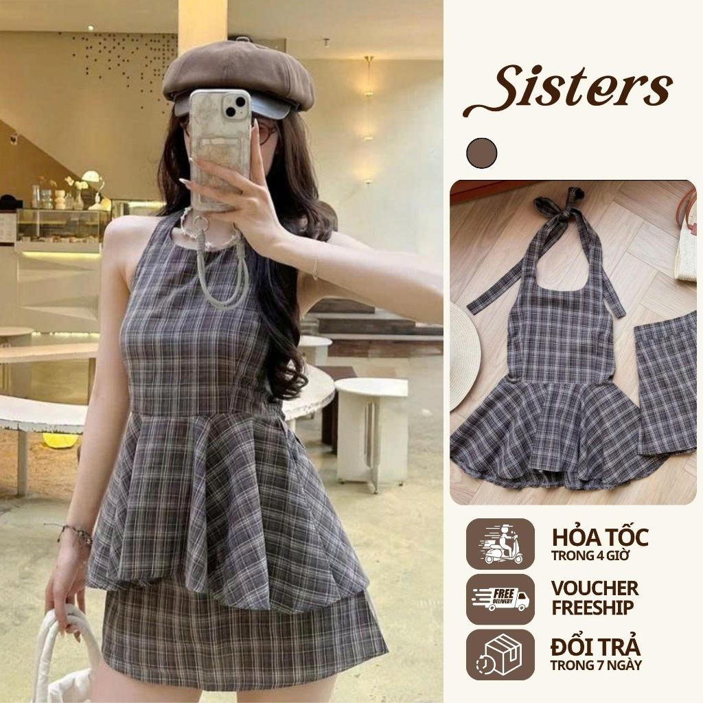 Set Áo Yếm Dáng Xòe Kèm Chân Váy Buộc Nơ Chiết Eo Tôn Dáng Caro Chữ A NV779 Set Váy Xinh Năng Động