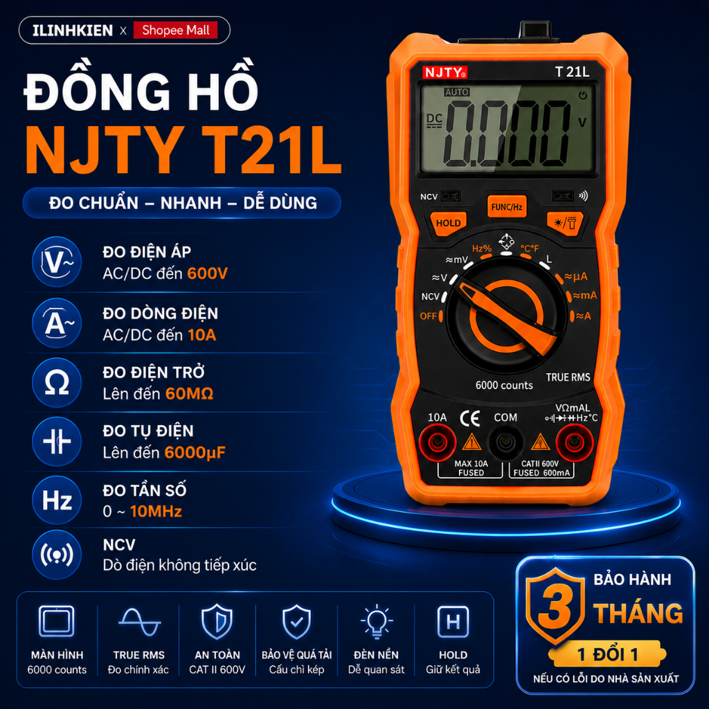 Đồng Hồ Đo Điện Vạn Năng NJTY T21L Đo Điện Xoay Chiều/Tụ Điện/Điện Áp Siêu Nhanh Chất Lượng Cao ILinhkien