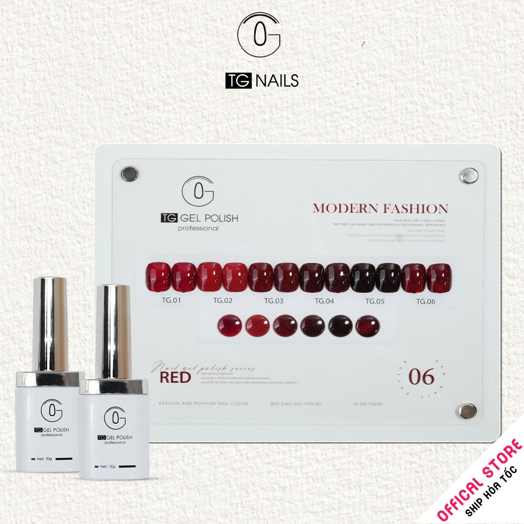 Set sơn gel 6 màu đỏ quyền lực, quyến rũ thương hiệu TG,cọ tròn, chai 10g