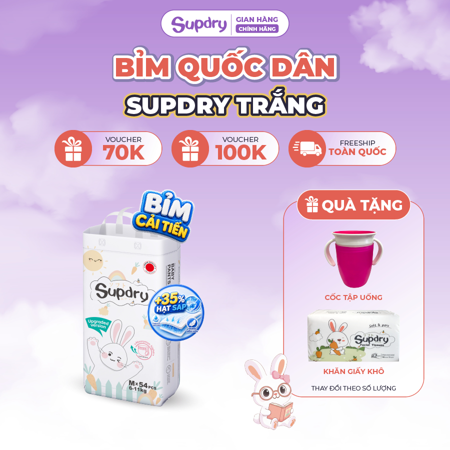 Tã Bỉm Dán/Quần Supdry, Bỉm Supdry Trắng Mỏng Nhẹ, an toàn Cho Bé size NB/S/M/L/XL/XXL/XXXL từ 4kg đến hơn 20kg