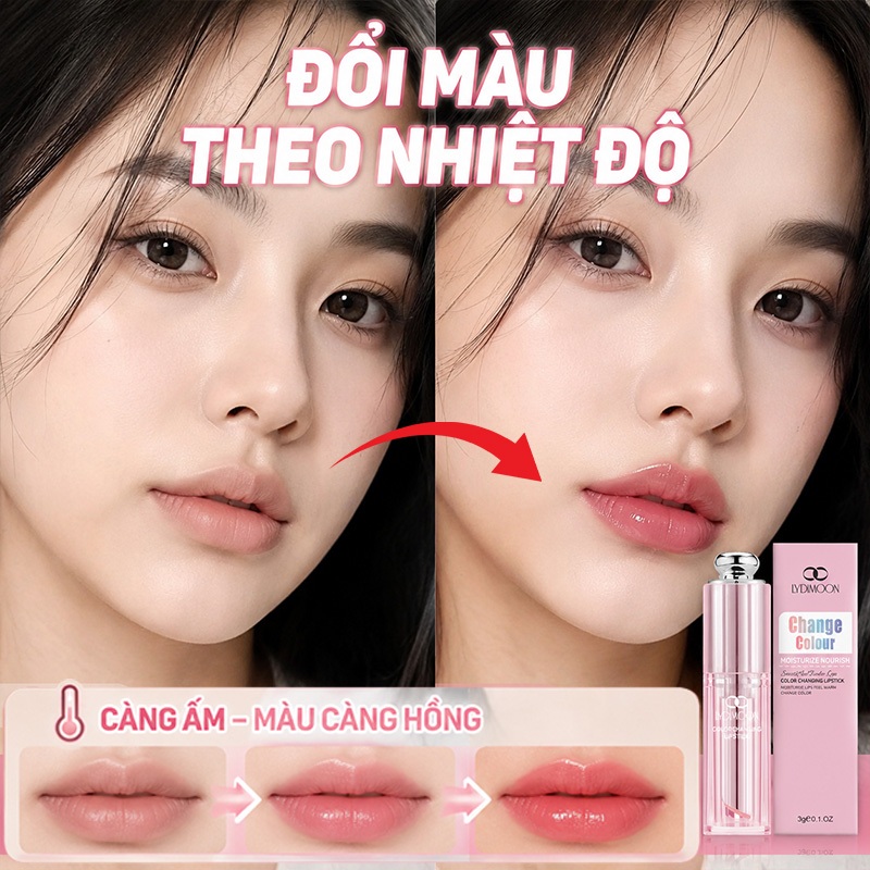 Son dưỡng nhiệt đổi màu LYDIMOON 3g dưỡng ẩm không nhờn, đổi màu pH hồng tự nhiên, Hồng Tự Nhiên Như Son Dưỡng