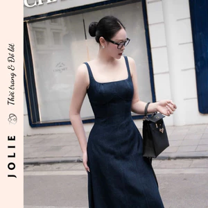 Váy Denim Hai Dây Dáng Dài Chiết Eo Cao Cấp JOLIE