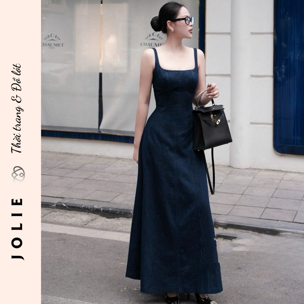 Váy Denim Hai Dây Dáng Dài Chiết Eo Cao Cấp JOLIE