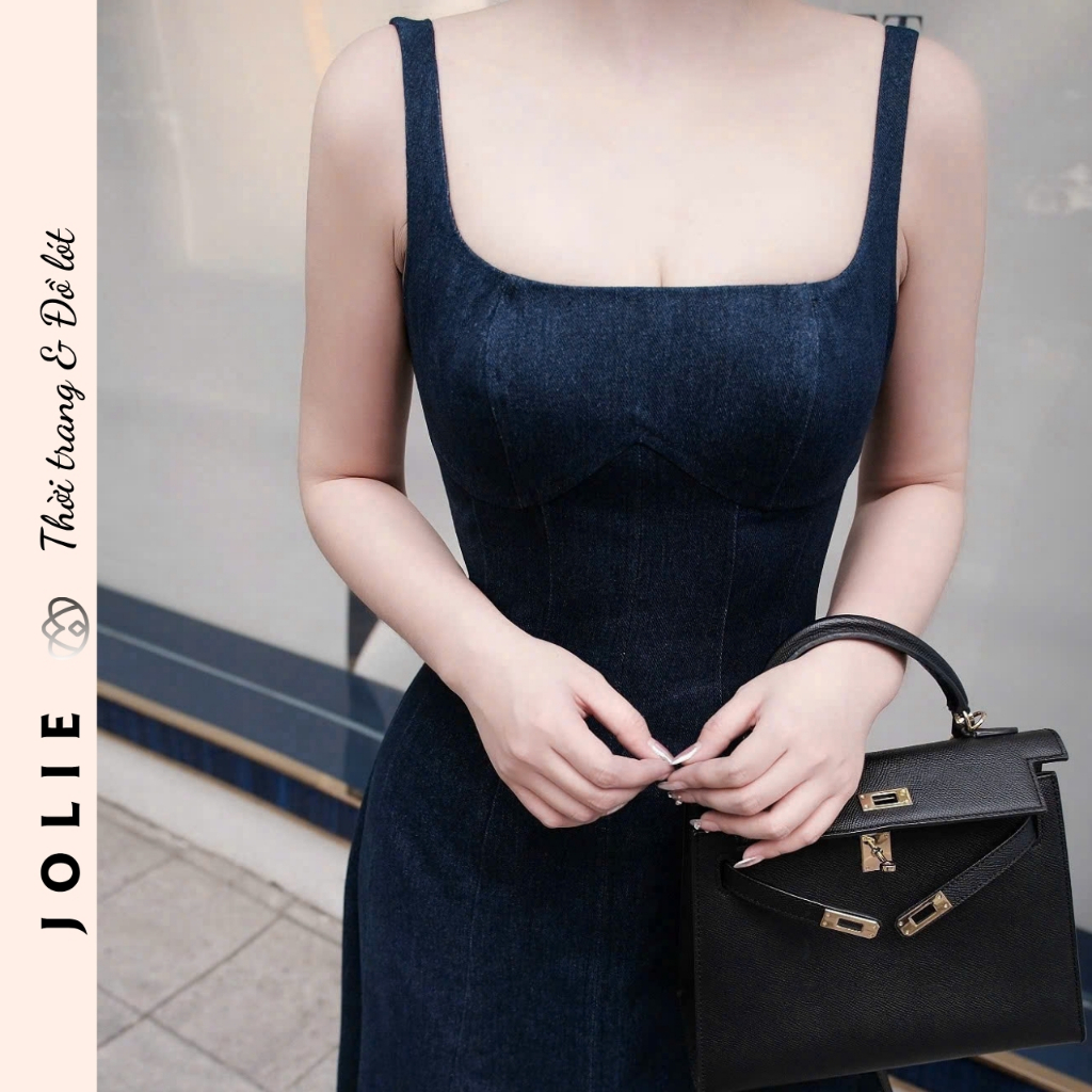Váy Denim Hai Dây Dáng Dài Chiết Eo Cao Cấp JOLIE