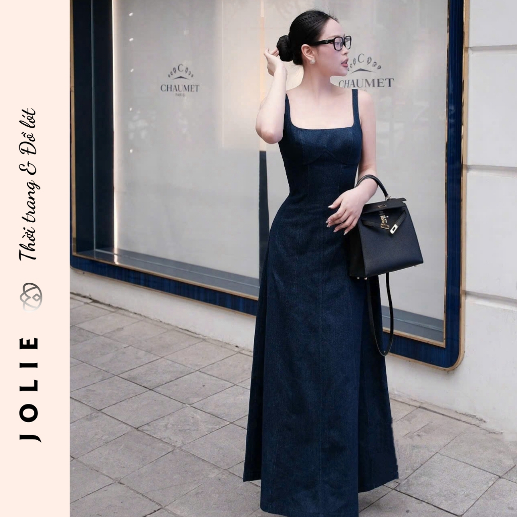 Váy Denim Hai Dây Dáng Dài Chiết Eo Cao Cấp JOLIE