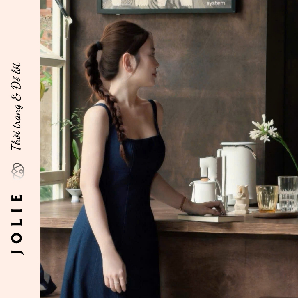 Váy Denim Hai Dây Dáng Dài Chiết Eo Cao Cấp JOLIE