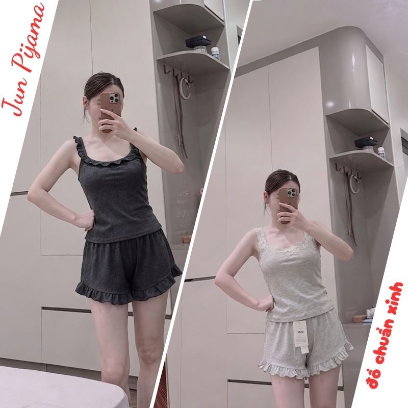 Bộ pijama nữ,Set đồ bộ mặc nhà nữ dáng đùi viền bèo phối ren ngực phong cách tiểu thư ngọt ngào HCOM27323